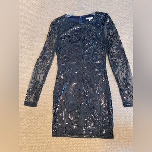 Long Sleeve Navy Blue Beaded Formal Dress